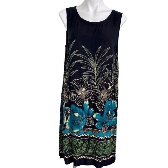 R & K Sleeveless Dress black with floral design. - Picture 1 of 6
